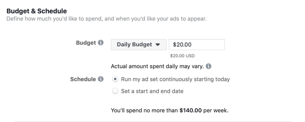 Bagian Manajer Iklan, Anggaran & Jadwal Facebook untuk set iklan