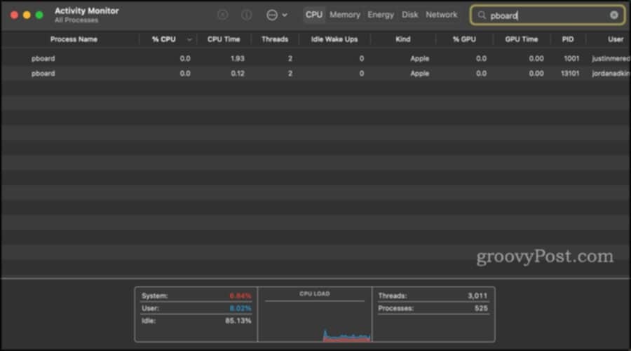 Temukan proses " pboard" di Monitor Aktivitas