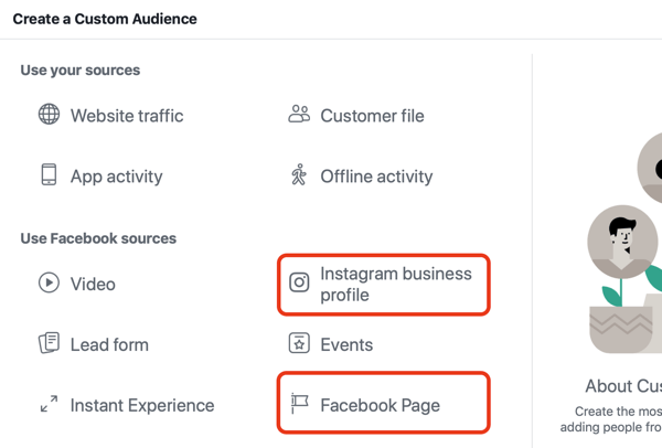 Gunakan iklan Facebook untuk beriklan kepada orang-orang yang mengunjungi halaman Facebook atau Instagram Anda, Langkah 1.