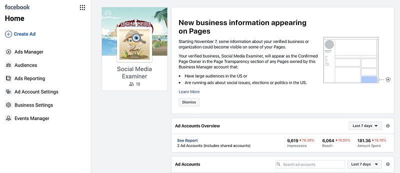 Facebook memberi tahu pengguna Business Manager untuk memverifikasi bisnis mereka.