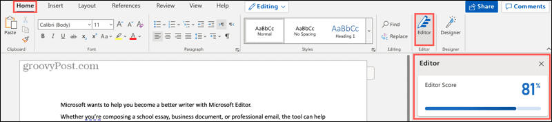 Tombol dan bilah samping Microsoft Editor di Word online
