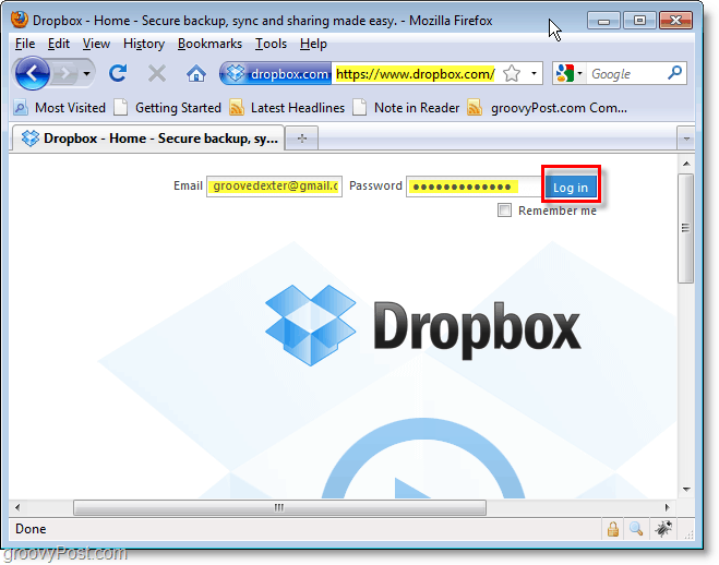 Tangkapan layar Dropbox - masuk ke dropbox