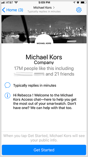 Untuk memilih bot Messenger seperti yang dari Michael Kors, pengguna mengklik tombol Mulai.