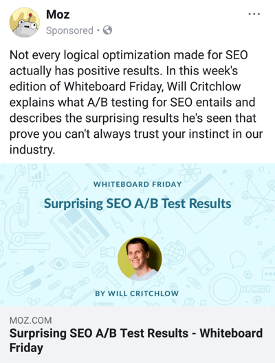 Teknik iklan Facebook yang memberikan hasil, misalnya dengan Moz menawarkan konten riset bermerek