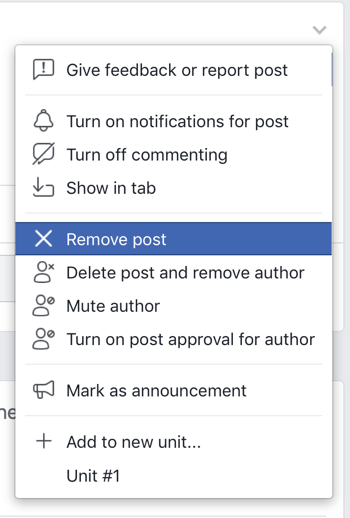 Cara meningkatkan komunitas grup Facebook Anda, opsi menu Facebook untuk menghapus posting dari grup Anda