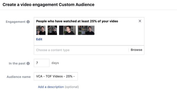 Buat pemirsa khusus Facebook pemirsa video, langkah 2.