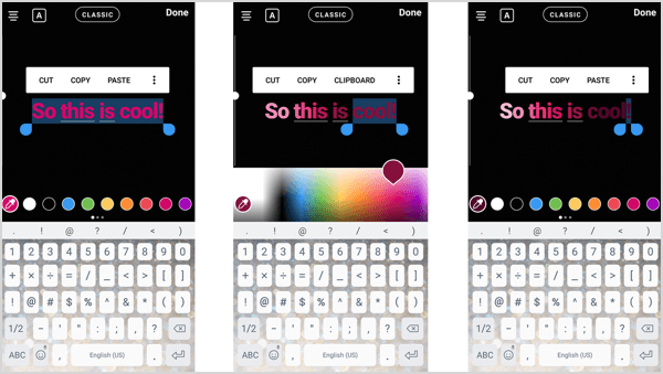 Buat warna teks gradien dengan menyorot teks dan menyeret melalui spektrum warna.