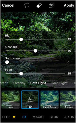 Sesuaikan intensitas efek di aplikasi seluler seperti PicsArt.