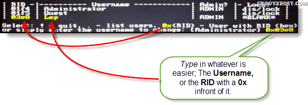 Pilih!, berhenti. - daftar pengguna, 0x <RID> - Pengguna dengan RID (hex) atau cukup masukkan nama pengguna untuk diubah: [Administrator]