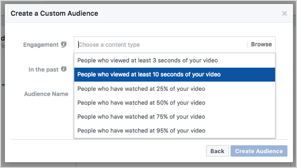 Audiens kustom Facebook berdasarkan tampilan video 10 detik.