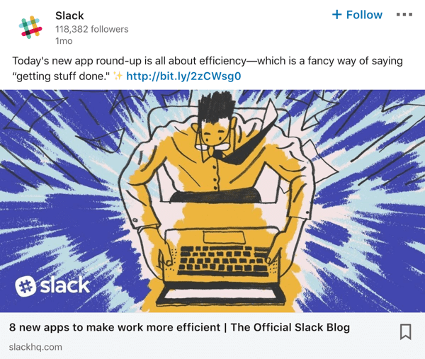 Contoh posting halaman perusahaan Slack LinkedIn.