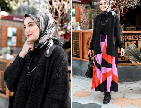 Cardigan hitam bergaya dengan rok lipit