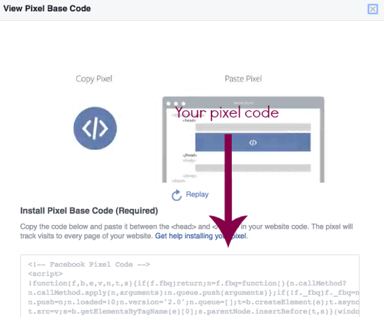 Salin kode piksel Facebook Anda langsung dari halaman ini.