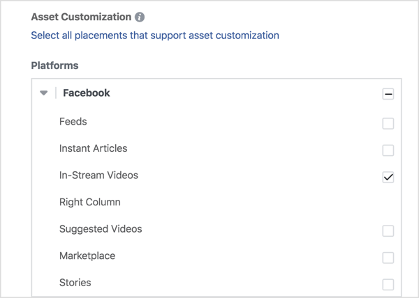 Jika Anda ingin menampilkan iklan video Anda hanya di Facebook, pilih Video Sela di bawah Facebook.