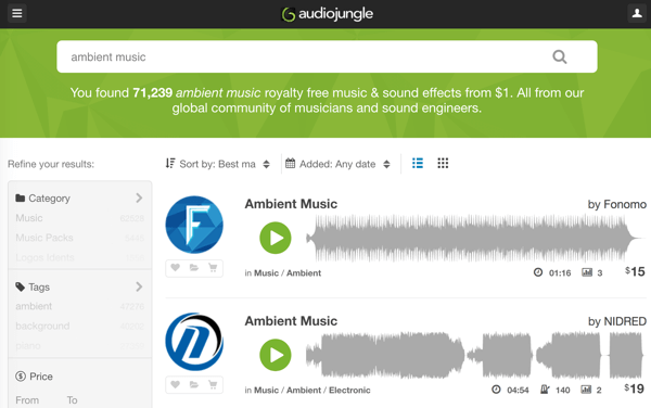 Telusuri perpustakaan AudioJungle yang berisi musik bebas royalti dan trek audio mulai dari $ 1.