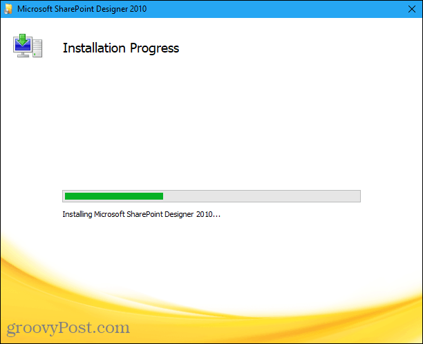 Kemajuan instalasi untuk menginstal Microsoft Office Picture Manager di instalasi Sharepoint Designer 2010