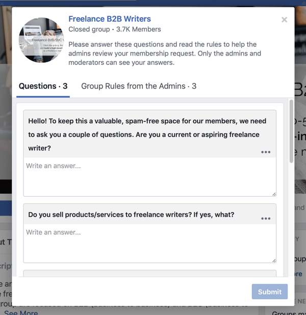 Bagaimana cara meningkatkan komunitas grup Facebook Anda, contoh pertanyaan anggota baru grup Facebook oleh Penulis B2B Freelance