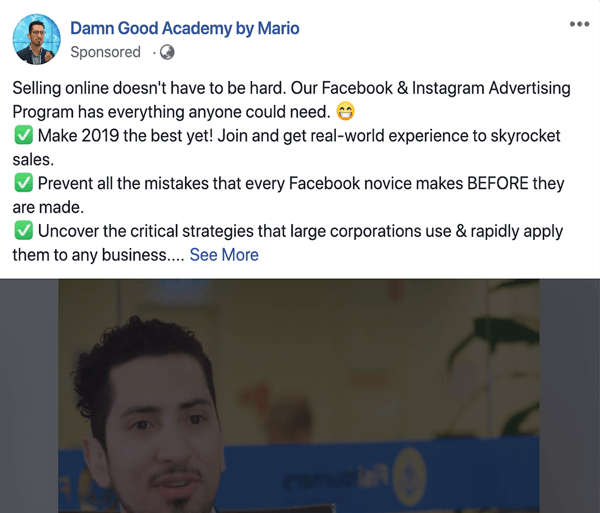 Cara menulis dan menyusun posting bersponsor Facebook berbasis teks dengan format yang lebih panjang, masalah tipe 1 dan solusi, contoh oleh Damn Good Academy oleh Mario