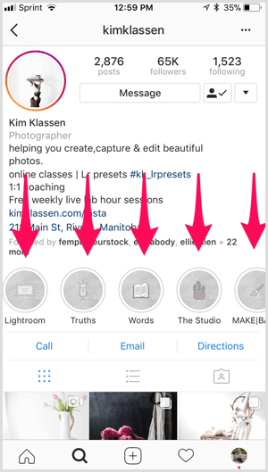 Sorotan bermerek Instagram di profil Kim Klassen.