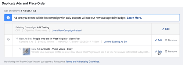 Klik tautan Edit di sebelah kanan set iklan Facebook baru Anda.