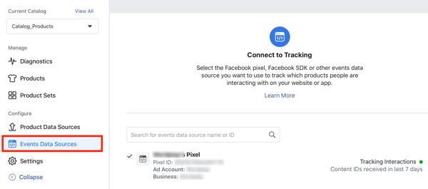 Gunakan Alat Pengaturan Acara Facebook, langkah 24, opsi menu untuk menghubungkan piksel Facebook ke katalog Anda