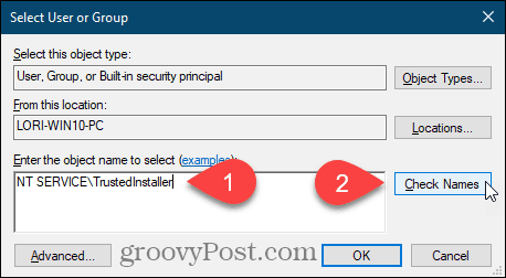 Masukkan nama pengguna dan klik Periksa Nama untuk kunci registri Windows