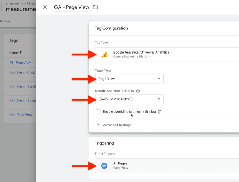 contoh konfigurasi tag pengelola tag google disebut ga - tampilan laman dengan jenis tag disetel ke google analytics: universal analytics, jenis lacak sebagai tampilan halaman, setelan google analytics sebagai {{gas - mm.io demo}}, dengan pemicu pengaktifan disetel ke semua halaman