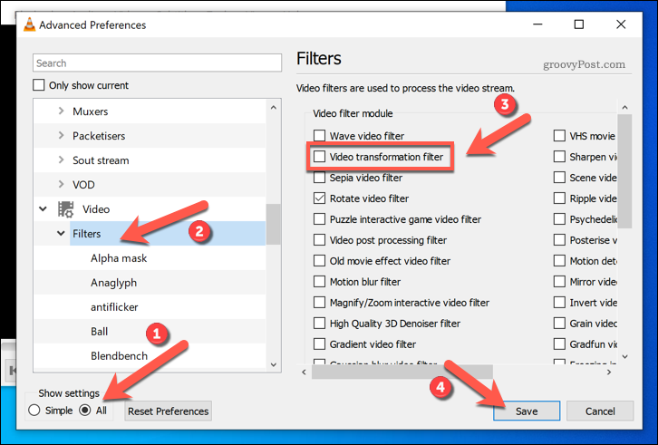 Mengaktifkan filter transformasi video di VLC pada Windows