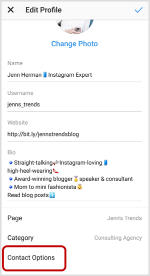 Opsi Kontak di layar Edit Profil Instagram