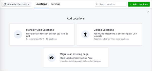 Anda melihat tiga opsi untuk menambahkan lokasi ke halaman Facebook Anda.