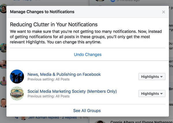 Facebook secara aktif mengurangi kekacauan dengan menampilkan lebih sedikit pemberitahuan dari grup tertentu kepada pengguna.
