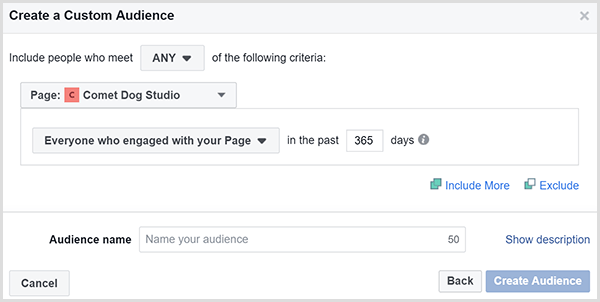 Kotak dialog Buat Audiens Kustom Facebook memungkinkan Anda menargetkan iklan ke orang-orang yang terlibat dengan situs web Anda dalam jangka waktu tertentu.