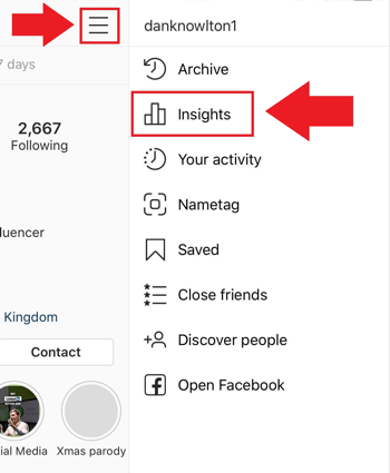 Strategi pemasaran media sosial; Tangkapan layar tempat mengakses Instagram Insights di aplikasi Instagram.