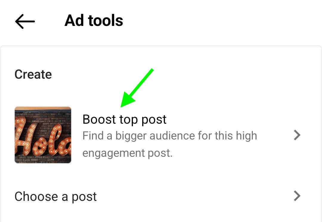 gambar pos yang disarankan untuk meningkatkan Instagram di Alat Iklan
