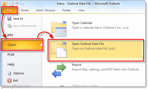 buka folder Anda yang berisi file pst arsip Anda dari Outlook 2010