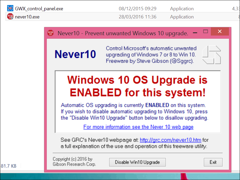Hentikan Upgrade Windows 10 dengan Never 10 atau GWX App Itself