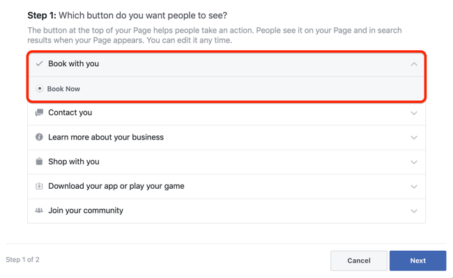 langkah 1 tentang cara menambahkan CTA janji ke halaman Facebook