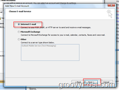 Buat Akun Email baru di Outlook 2007:: Tombol Radio Internet e-mail