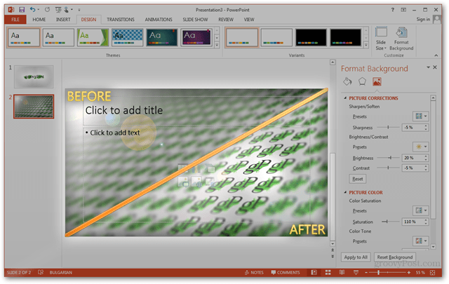 Buat Template Desain Kantor 2013 POTX Kustomisasi Slide Slide Tutorial Bagaimana Sebelum Setelah Membandingkan Perbandingan Gambar Pane Tweaks Sunting Gambar Foto Latar Belakang