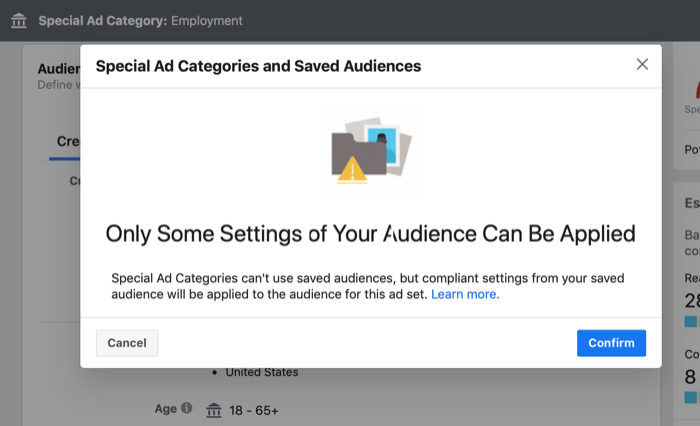 pesan pop-up tentang menggunakan audiens yang disimpan dalam kampanye iklan Kategori Iklan Khusus
