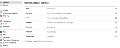 menu pengaturan akun facebook