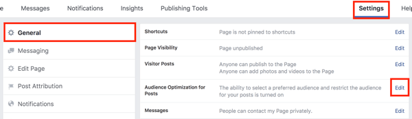 Di pengaturan halaman Facebook Anda, klik tombol Edit di sebelah kanan opsi Pengoptimalan Audiens untuk Posting.
