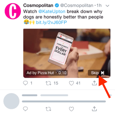Contoh Iklan Video Twitter dengan opsi untuk melewati iklan setelah 6 detik.