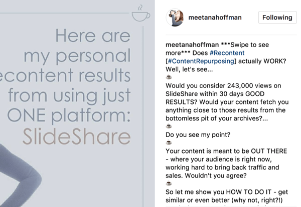 Dalam keterangan untuk album Instagram Anda, sertakan pernyataan untuk menggesek untuk melihat lebih banyak sehingga audiens Anda tidak ketinggalan.