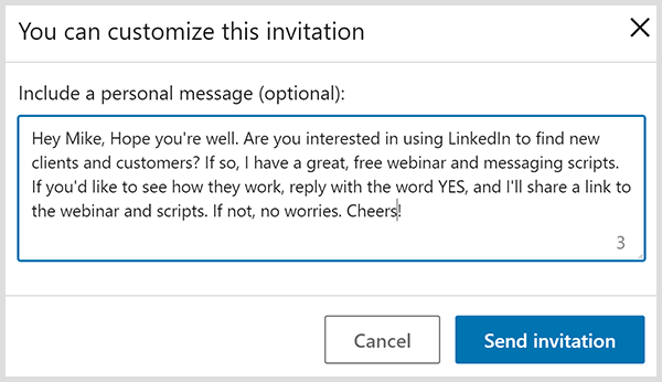 Undangan koneksi LinkedIn dengan pesan pribadi didasarkan pada empat saran John Nemo.