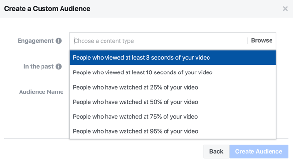 Pilihan untuk membuat audiens kustom iklan Facebook dari orang-orang yang menonton sebagian dari video Anda.