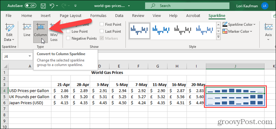 Ubah tipe garis percik di Excel