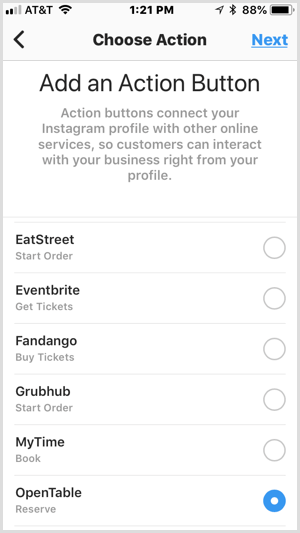Instagram Tambahkan layar Tombol Tindakan untuk layanan pihak ketiga