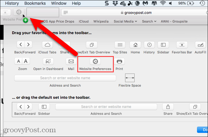 Tambahkan tombol Preferensi Situs Web ke Bilah Alat di Safari untuk Mac