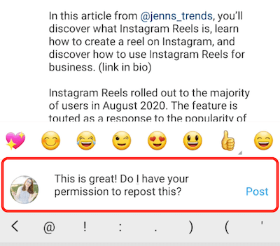 instagram post contoh tanggapan komentar memuji dan meminta izin untuk memposting ulang konten